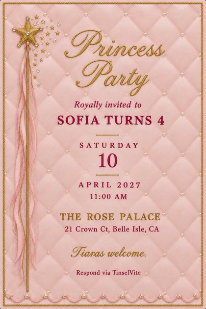 Princess birthday invitation on pink quilted satin with pearl buttons, a gold star wand and pink ribbons down the left, Princess Party in gold script, date and venue below.