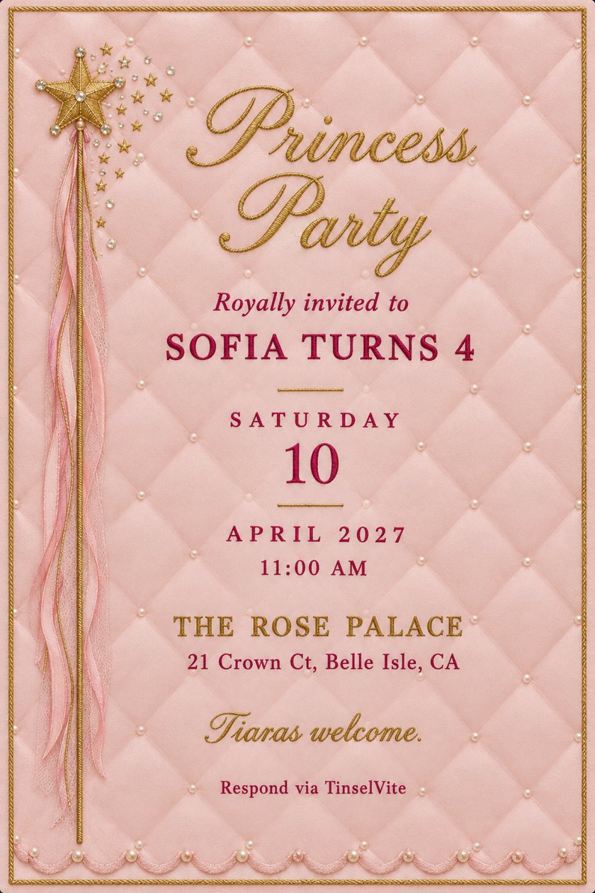 Princess birthday invitation on pink quilted satin with pearl buttons, a gold star wand and pink ribbons down the left, Princess Party in gold script, date and venue below.