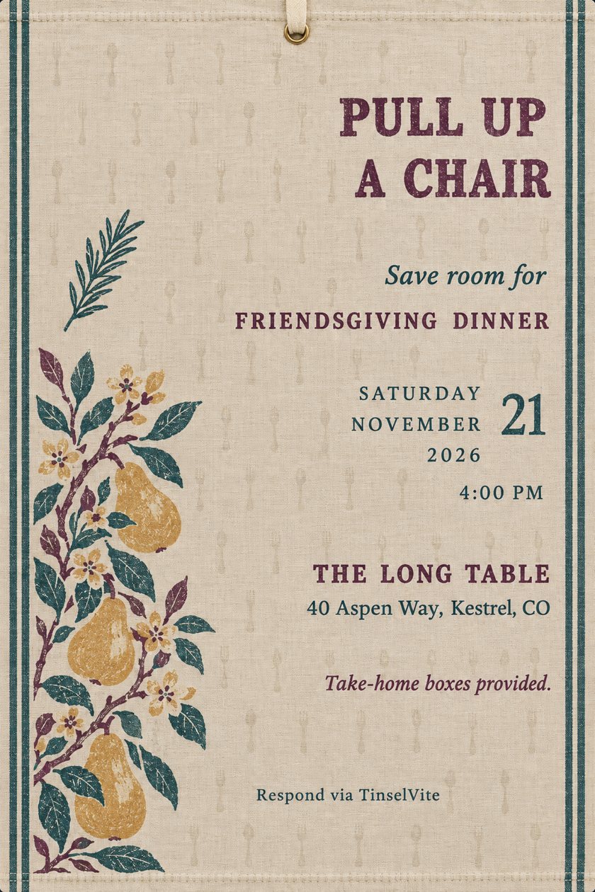 Holiday party invitation: Friendsgiving dinner invitation on oatmeal linen tea towel with teal side stripes, printed pear branch and rosemary sprig, plum slab lettering Pull Up a Chair, date and venue below.