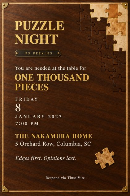 Wood-burned oak invitation reading PUZZLE NIGHT and ONE THOUSAND PIECES, with the date and venue below. A frame of beach-scene jigsaw edges surrounds it; three loose pieces lie at right.
