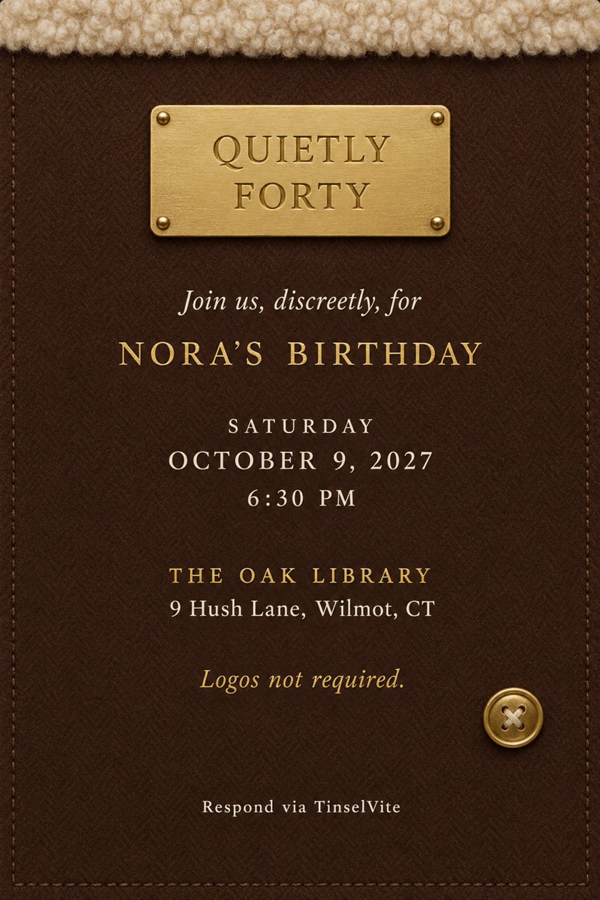 Birthday invitation on dark brown cashmere with a cream shearling collar at the top, a brass plate reading Quietly Forty, a gold button, and the date and venue below.