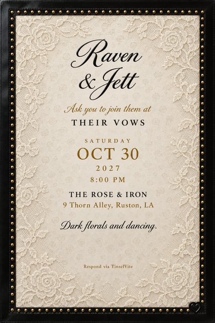 Wedding invitation: ivory lace panel in a black leather frame with gold studs and a small debossed heart, black script names at the top, then gold wording with the date and venue below.