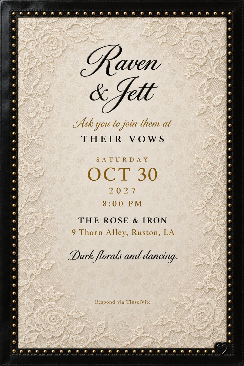 Wedding invitation: ivory lace panel in a black leather frame with gold studs and a small debossed heart, black script names at the top, then gold wording with the date and venue below.