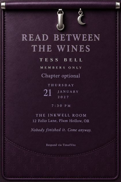Deep eggplant leather card with a rolled top strap, a polished silver clasp and a crescent moon charm. Foil capitals read READ BETWEEN THE WINES above TESS BELL, with the date and venue below.
