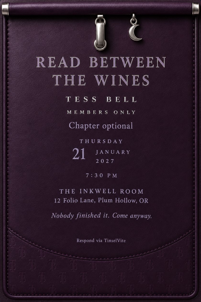 Book club invitation: Deep eggplant leather card with a rolled top strap, a polished silver clasp and a crescent moon charm. Foil capitals read READ BETWEEN THE WINES above TESS BELL, with the date and venue below.