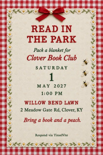 Book club invitation: red gingham cotton with an ivory panel, a daisy embroidered border, a red bow, three bees and READ IN THE PARK in red chain stitch, with the date and venue below.