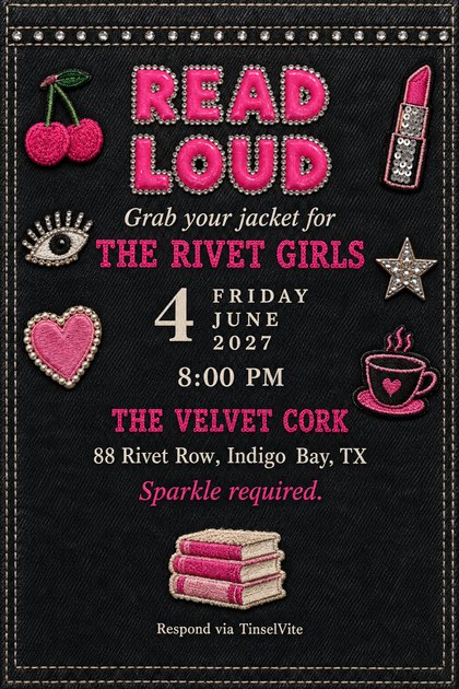 Book club invitation on black denim: pink puff paint READ LOUD with rhinestone outlines, patches of a cherry, lipstick and coffee cup, a stack of books below, date and venue beneath.