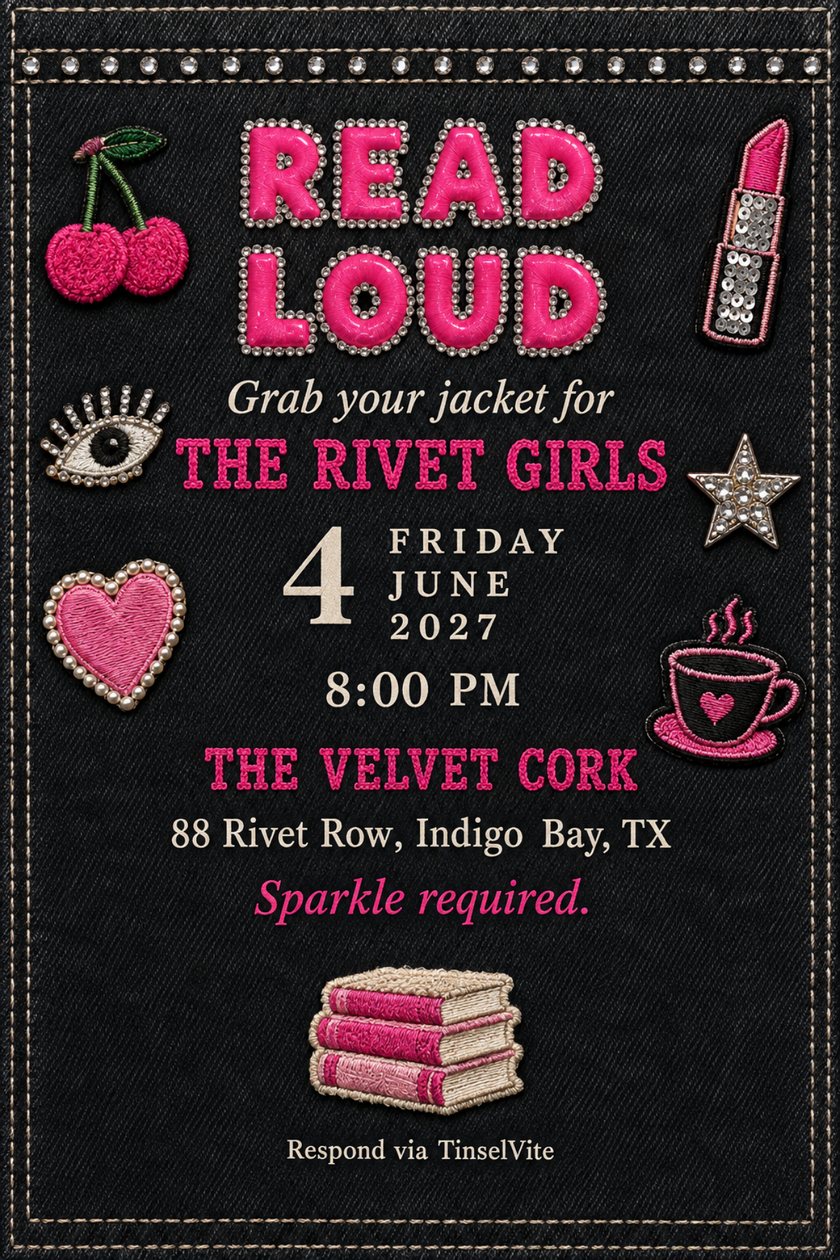 Book club invitation on black denim: pink puff paint READ LOUD with rhinestone outlines, patches of a cherry, lipstick and coffee cup, a stack of books below, date and venue beneath.