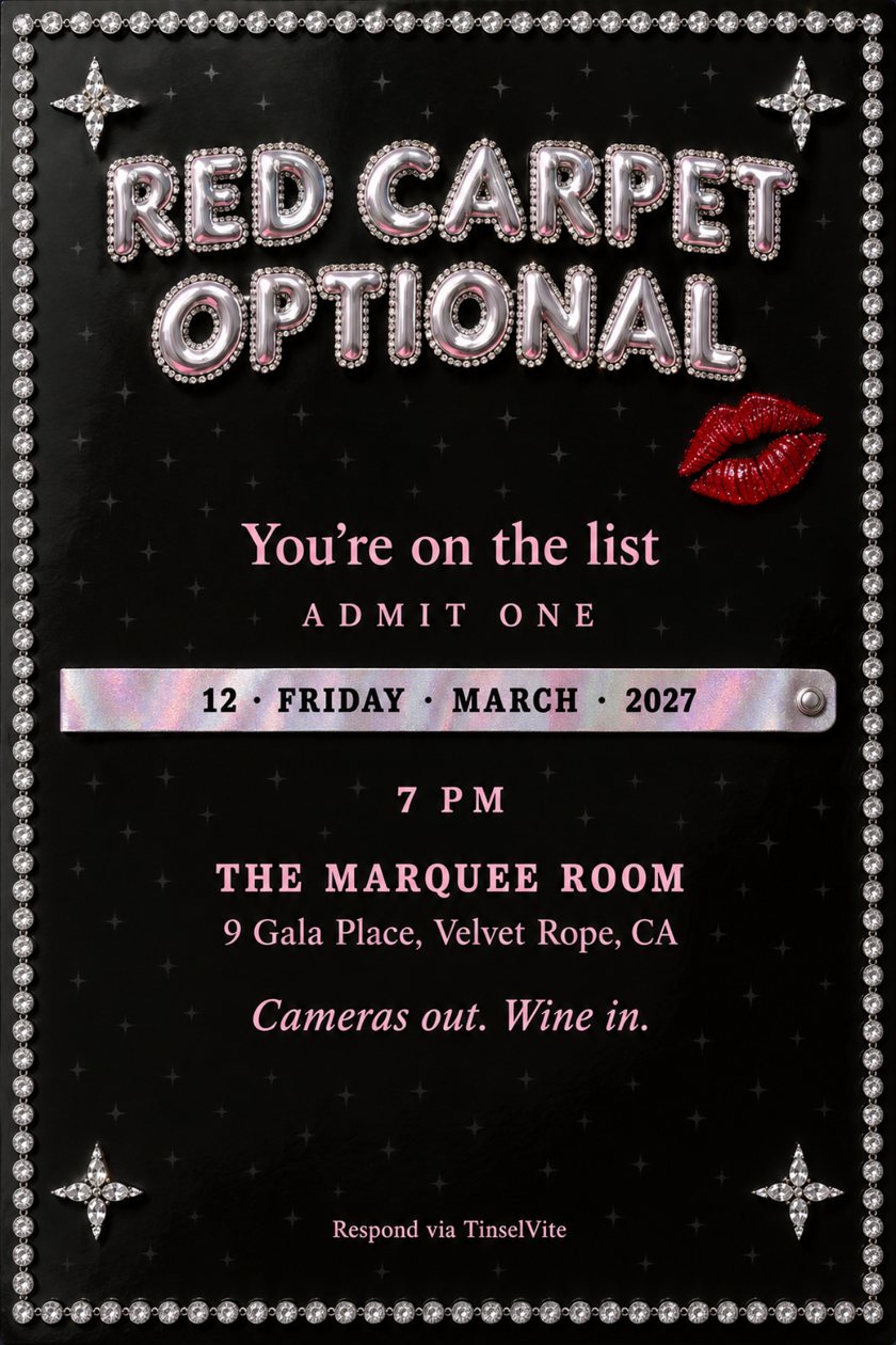 Mom's night out invitation: Glossy black card with a crystal rhinestone border. Chrome balloon capitals read RED CARPET OPTIONAL, beside a red lipstick kiss. Below: You're on the list, a silver-pink wristband, date and venue.