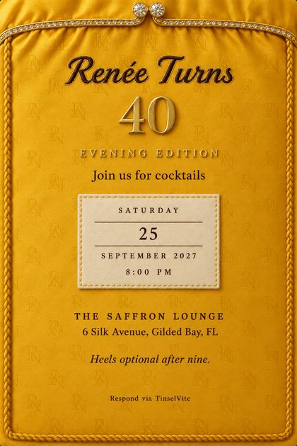 Saffron silk card styled as an evening clutch: crystal-set gold clasp, cord trim, script reading Renée Turns 40 above a stitched ivory label with the date and time, venue below.