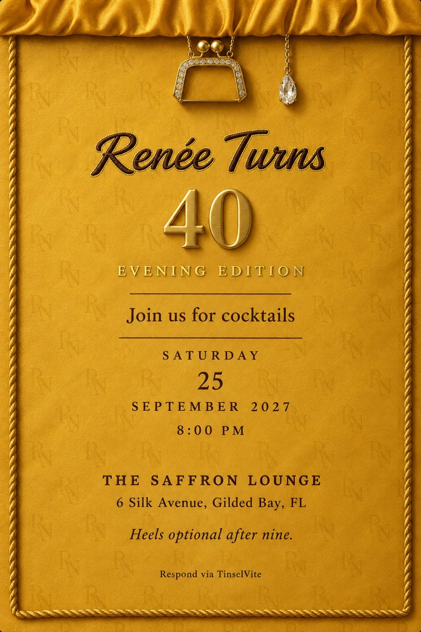 Saffron card with a twisted gold rope border. A gathered satin band holds a crystal-set clasp purse and a teardrop gem on chains. Script 'Renée Turns', gold 40, date and venue.