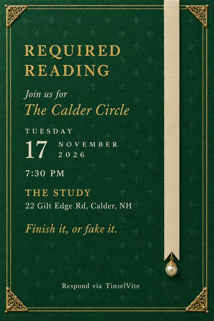 Book club invitation on green book cloth with gold filigree corner guards, a cream ribbon bookmark ending in a pearl drop, and gold title Required Reading, with the date and venue below.