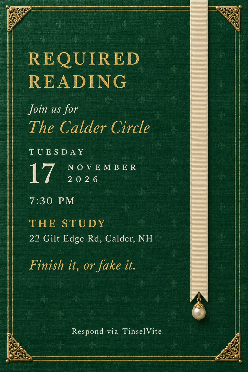 Book club invitation on green book cloth with gold filigree corner guards, a cream ribbon bookmark ending in a pearl drop, and gold title Required Reading, with the date and venue below.