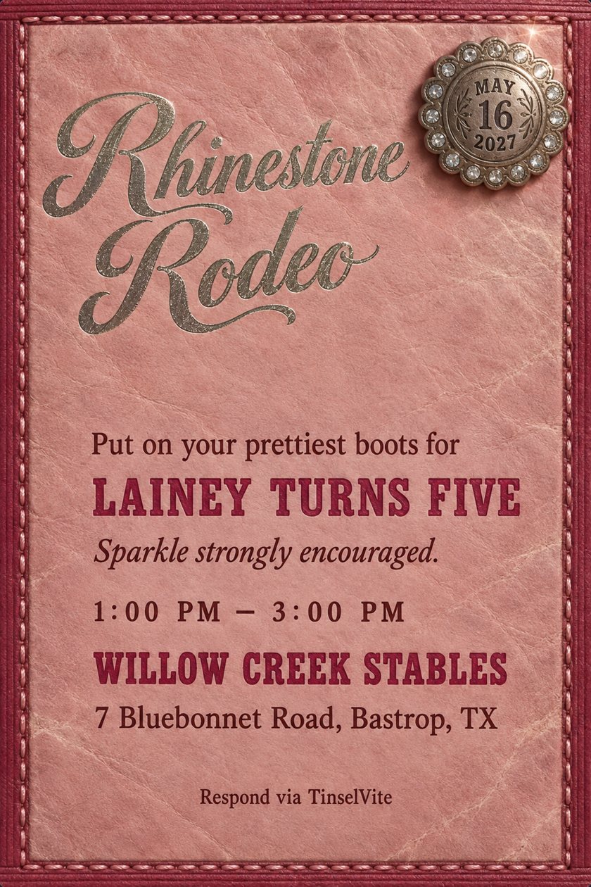 Birthday invitation: Dusty rose leather card with a ribbed raspberry stitched border. Silver western script reads Rhinestone Rodeo at upper left, a rhinestone-ringed silver concho sits at upper right, with the wording below.