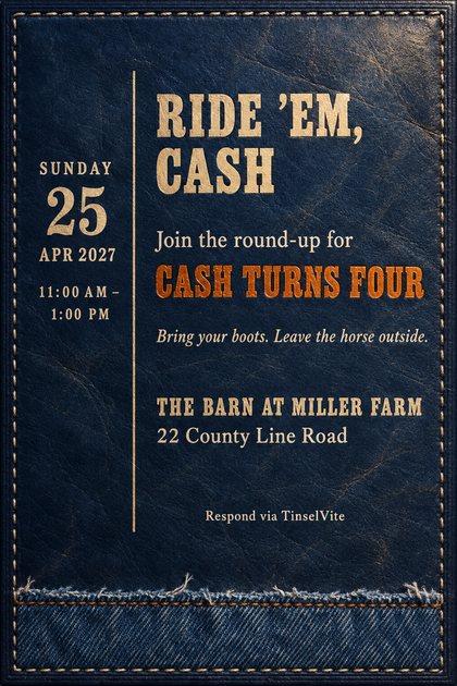Indigo leather card with a stitched border and a frayed denim strip along the bottom. Cream foil capitals read RIDE 'EM, CASH over burnt-orange CASH TURNS FOUR, with the date and venue below.