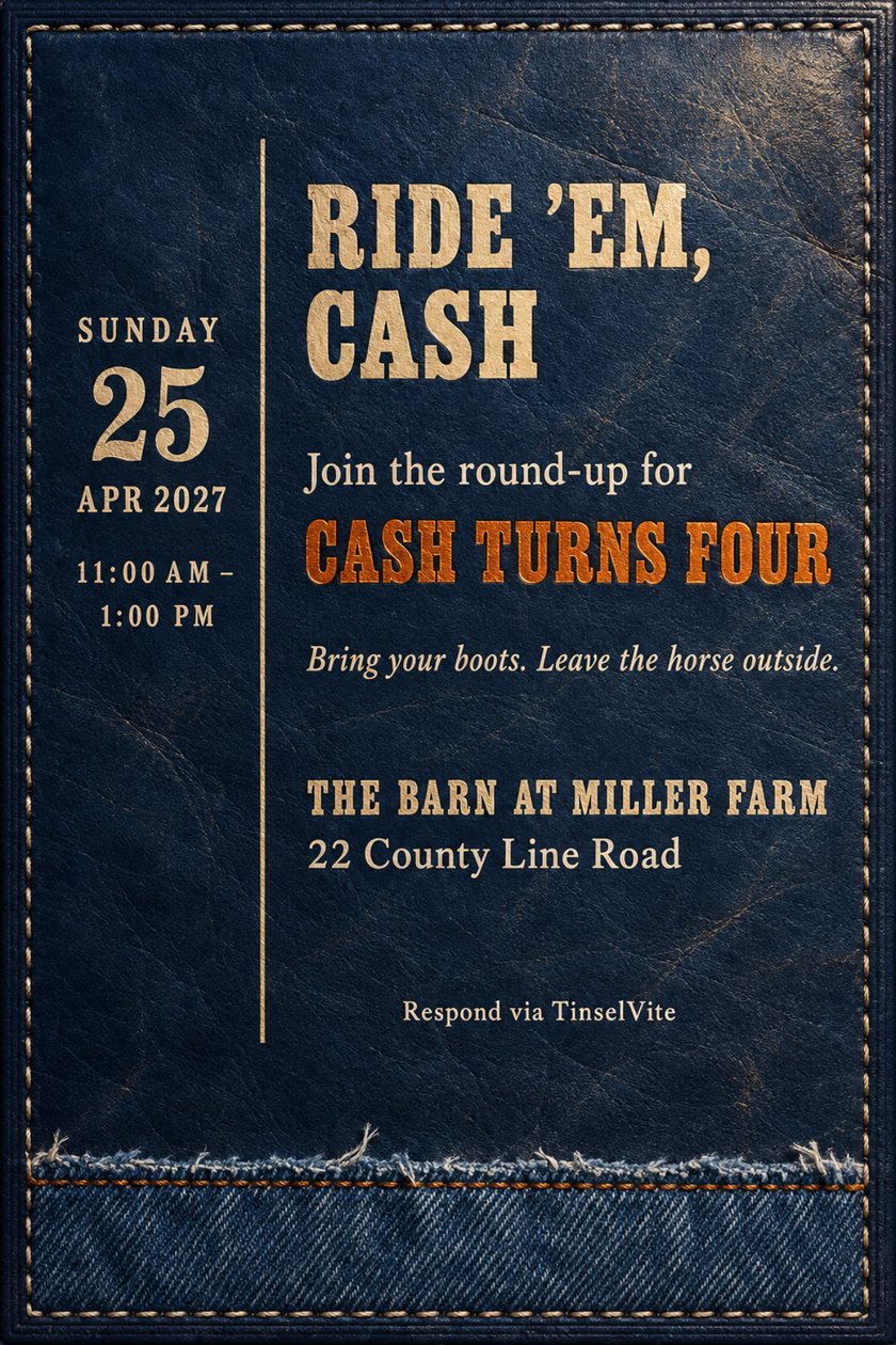 Birthday invitation: Indigo leather card with a stitched border and a frayed denim strip along the bottom. Cream foil capitals read RIDE 'EM, CASH over burnt-orange CASH TURNS FOUR, with the date and venue below.