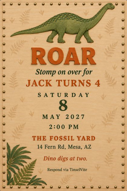 Dinosaur birthday invitation on a wooden plaque: a green long-neck dinosaur across the top, brass tack border, fern corner, ROAR in orange letters, date and venue below.