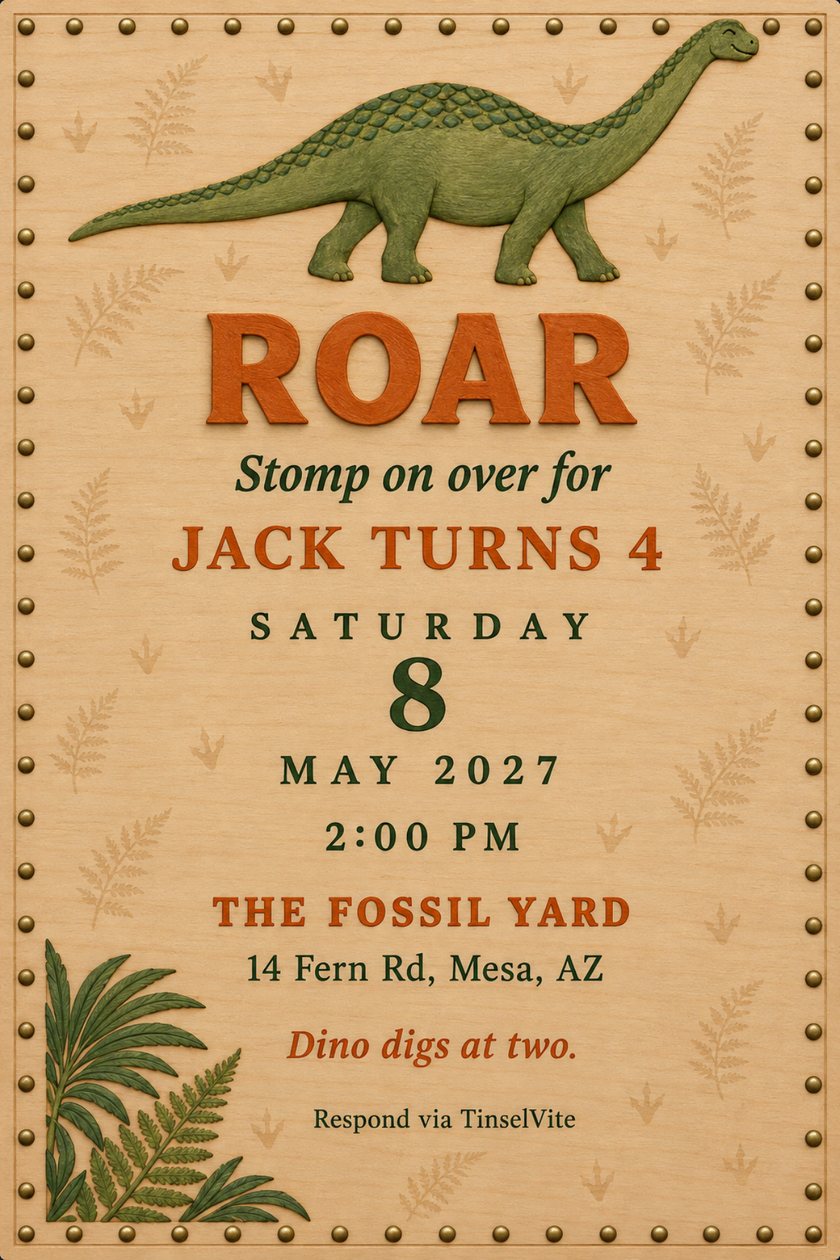 Dinosaur birthday invitation on a wooden plaque: a green long-neck dinosaur across the top, brass tack border, fern corner, ROAR in orange letters, date and venue below.