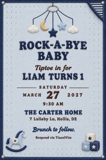 First birthday invitation on pale blue knit with navy binding: a crib mobile of moon and stars above stitched lettering Rock-a-bye Baby, with a rocking horse and blocks.
