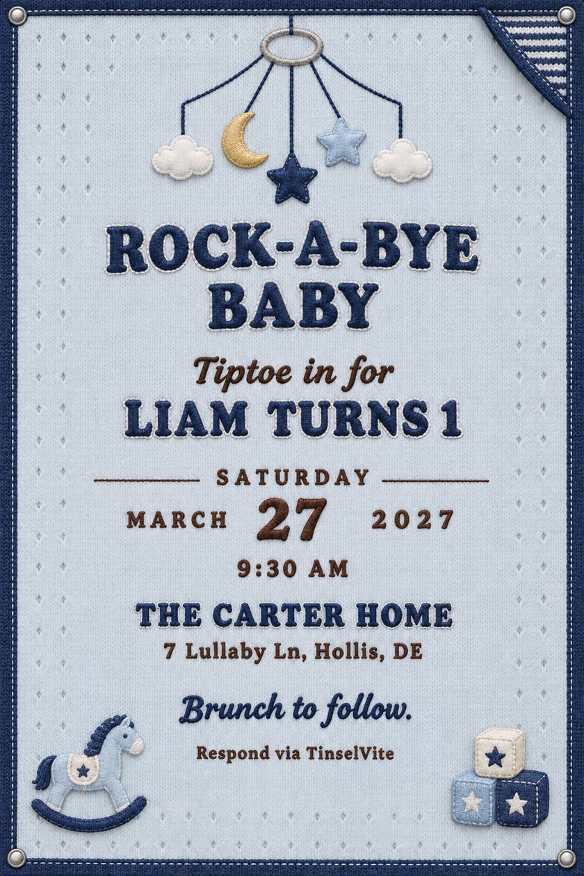 First birthday invitation on pale blue knit with navy binding: a crib mobile of moon and stars above stitched lettering Rock-a-bye Baby, with a rocking horse and blocks.