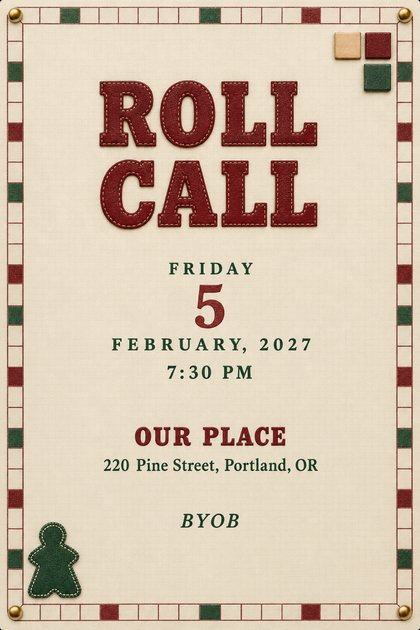 Game night invitation with red stitched felt lettering reading Roll Call, a green felt meeple, wooden tiles, brass pins and a checkered border, with the date and venue below.