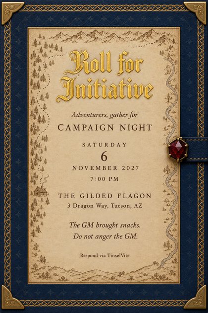 Game night invitation on a sapphire leather book cover with brass corners and a garnet clasp, a parchment map inset, and gold lettering reading Roll for Initiative.