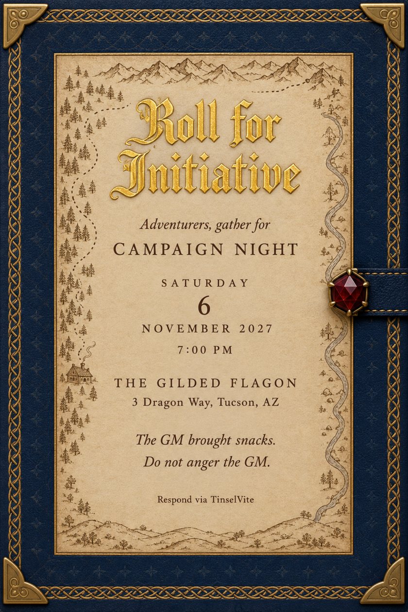 Game night invitation on a sapphire leather book cover with brass corners and a garnet clasp, a parchment map inset, and gold lettering reading Roll for Initiative.