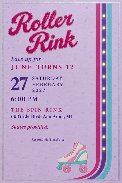 Birthday invitation on pale lilac lacquered wood with pink Roller Rink lettering, fuchsia, purple and aqua lane stripes with a row of lights, and a skate inlay at the foot.