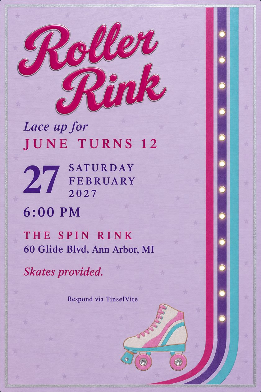 Birthday invitation on pale lilac lacquered wood with pink Roller Rink lettering, fuchsia, purple and aqua lane stripes with a row of lights, and a skate inlay at the foot.