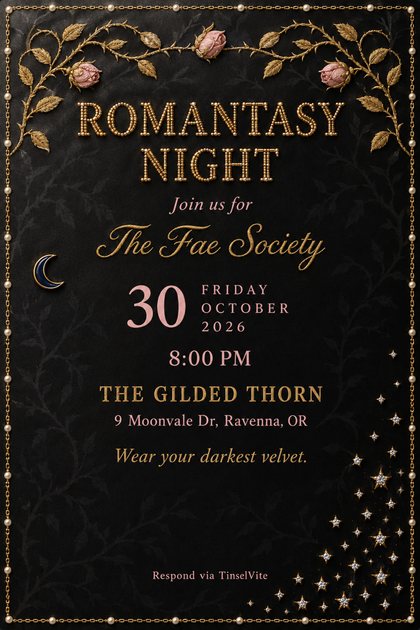 Book club invitation on black satin with gold thorned vines, blush rosebuds, a crescent moon pin and crystal stars, titled Romantasy Night in beaded gold capitals, date and venue below.
