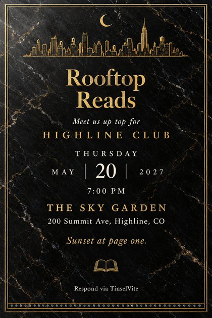 Book club invitation on black marble with a gold skyline and crescent moon above the gold title Rooftop Reads, with the date and venue below and a small open book at the foot.