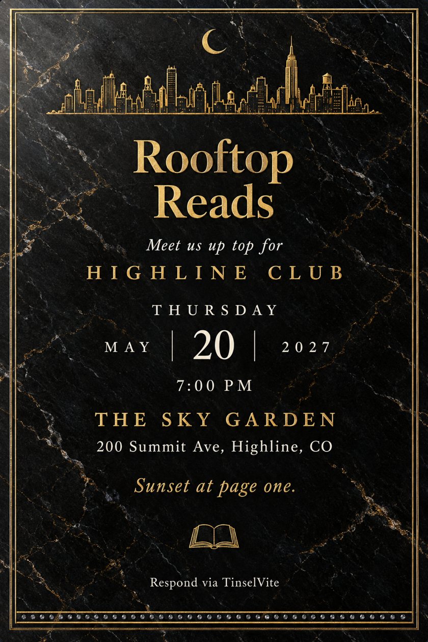 Book club invitation on black marble with a gold skyline and crescent moon above the gold title Rooftop Reads, with the date and venue below and a small open book at the foot.