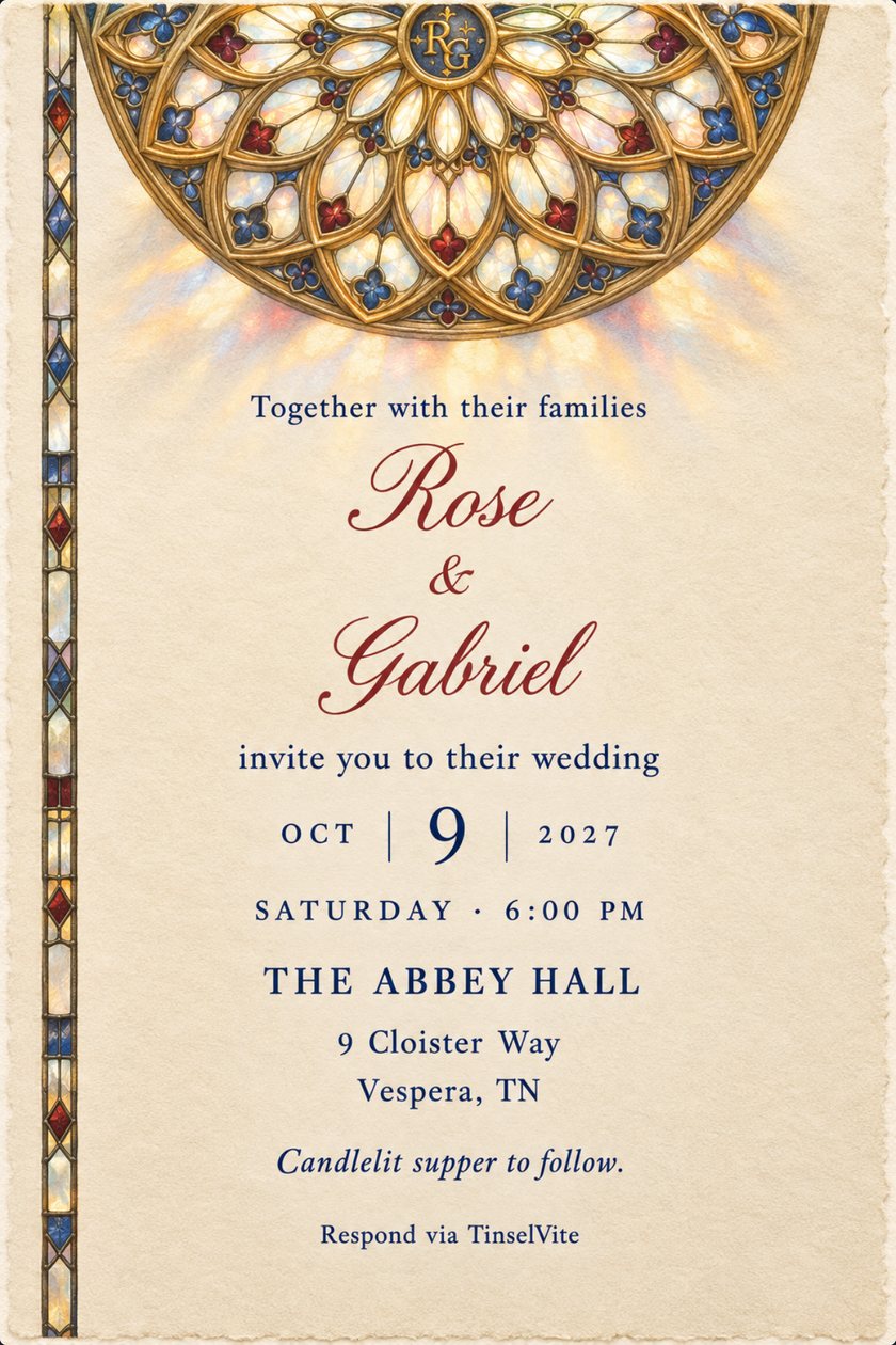Wedding invitation: Ivory card with a gilded rose window of sapphire and garnet glass and an R and G monogram at top, a leaded glass strip down the left edge, and Rose & Gabriel in garnet script over the date and venue.