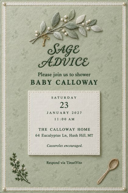 Sage wool card with stitched white border and pearl corners. Embroidered branch with gold key above script SAGE ADVICE, BABY CALLOWAY, a linen date patch, a sprig and a wooden spoon.