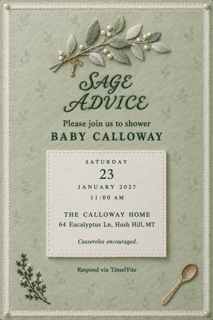 Baby shower invitation: Sage wool card with stitched white border and pearl corners. Embroidered branch with gold key above script SAGE ADVICE, BABY CALLOWAY, a linen date patch, a sprig and a wooden spoon.