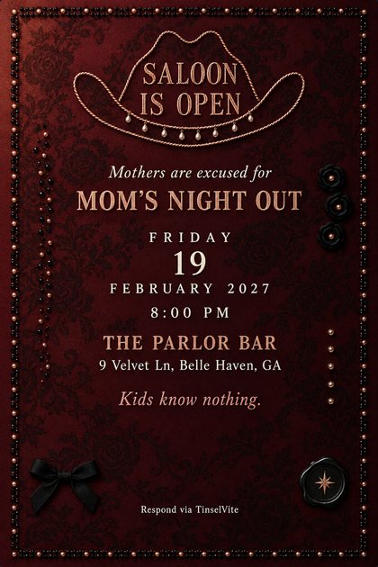 Mom's night out invitation on oxblood satin with black lace, a rose-gold rope cowgirl hat holding the words Saloon Is Open, jet bead border, date and venue below.