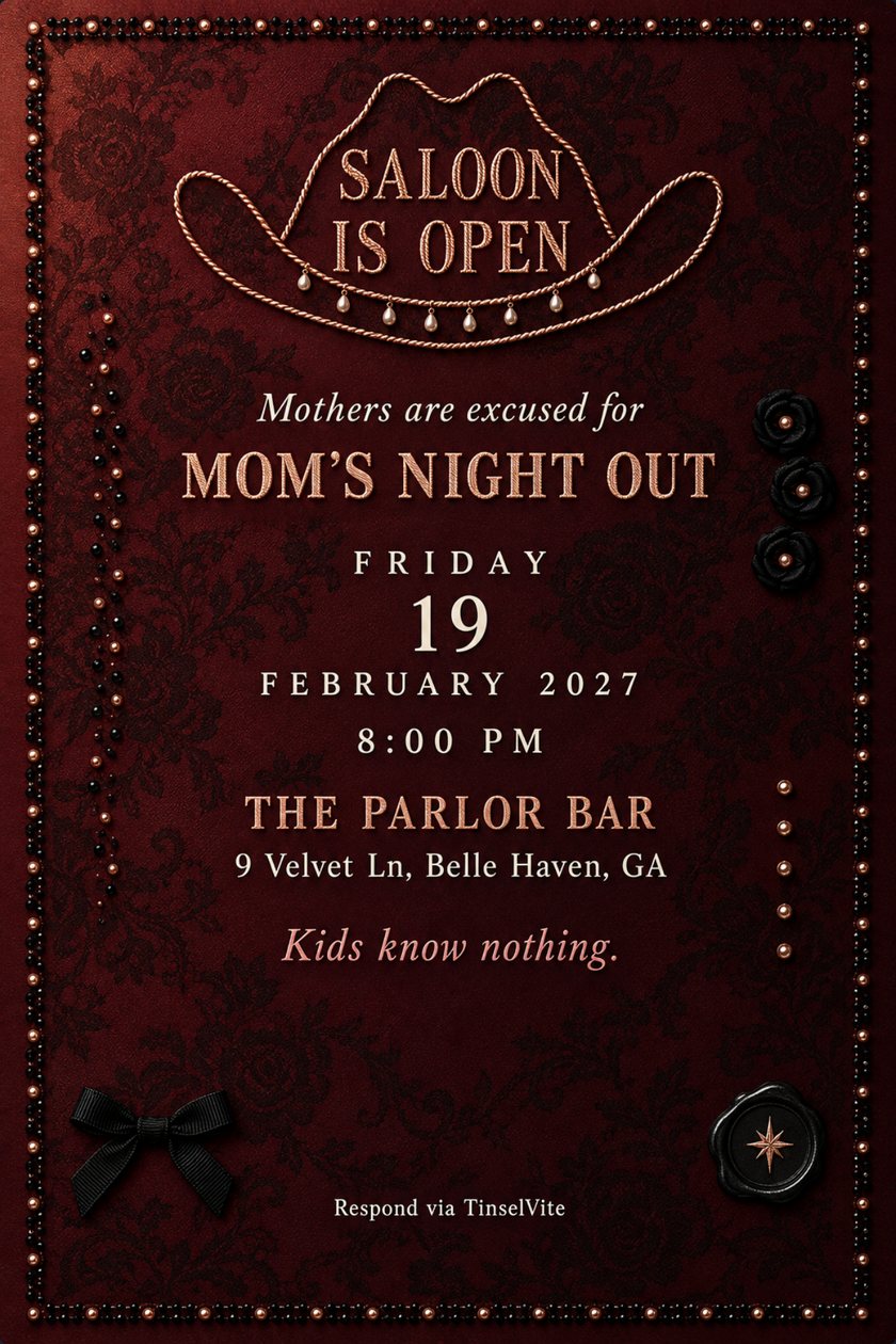 Mom's night out invitation on oxblood satin with black lace, a rose-gold rope cowgirl hat holding the words Saloon Is Open, jet bead border, date and venue below.
