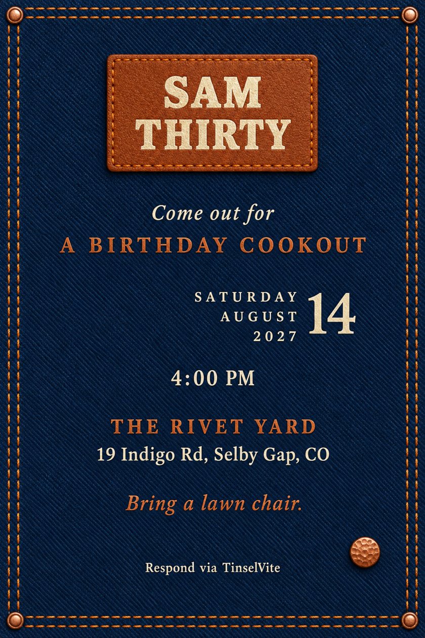 Birthday cookout invitation on dark blue denim with orange topstitching, copper rivets and a leather patch stamped SAM THIRTY, with the date and venue below.