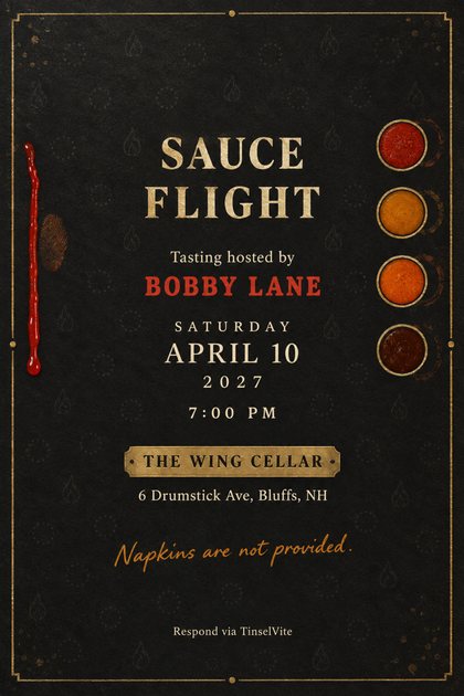 Charcoal card in a brass frame with a red sauce drip at left and four gold-ringed sauce cups at right. Gold capitals read SAUCE FLIGHT, with host, date and venue below.