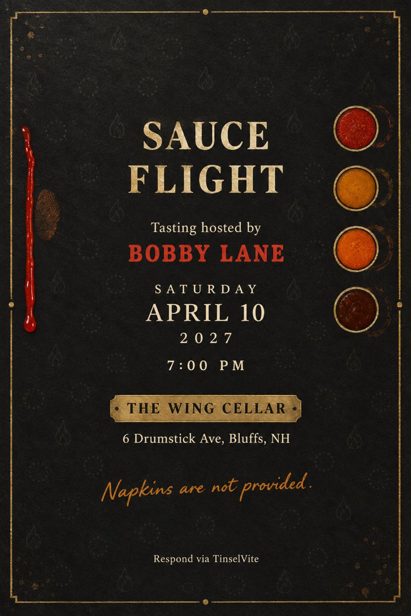 Just because invitation: Charcoal card in a brass frame with a red sauce drip at left and four gold-ringed sauce cups at right. Gold capitals read SAUCE FLIGHT, with host, date and venue below.