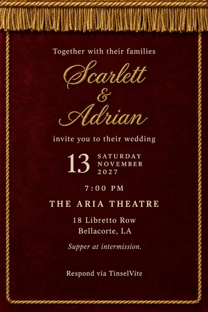Deep red velvet invitation with gold bullion fringe across the top and a stitched gold rope border. Scarlett and Adrian in raised gold embroidered script, with the date and venue below.