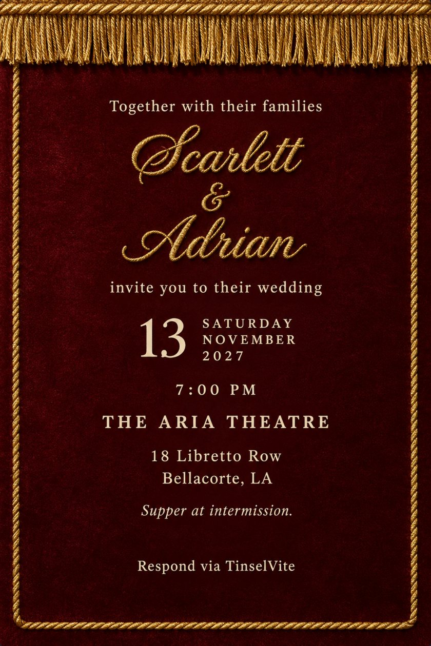Wedding invitation: Deep red velvet invitation with gold bullion fringe across the top and a stitched gold rope border. Scarlett and Adrian in raised gold embroidered script, with the date and venue below.