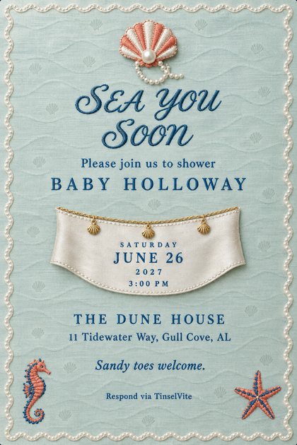 Seafoam card with a pearl border, a coral scallop shell, blue script SEA YOU SOON, BABY HOLLOWAY, a date banner with gold shell charms, and a seahorse and starfish.
