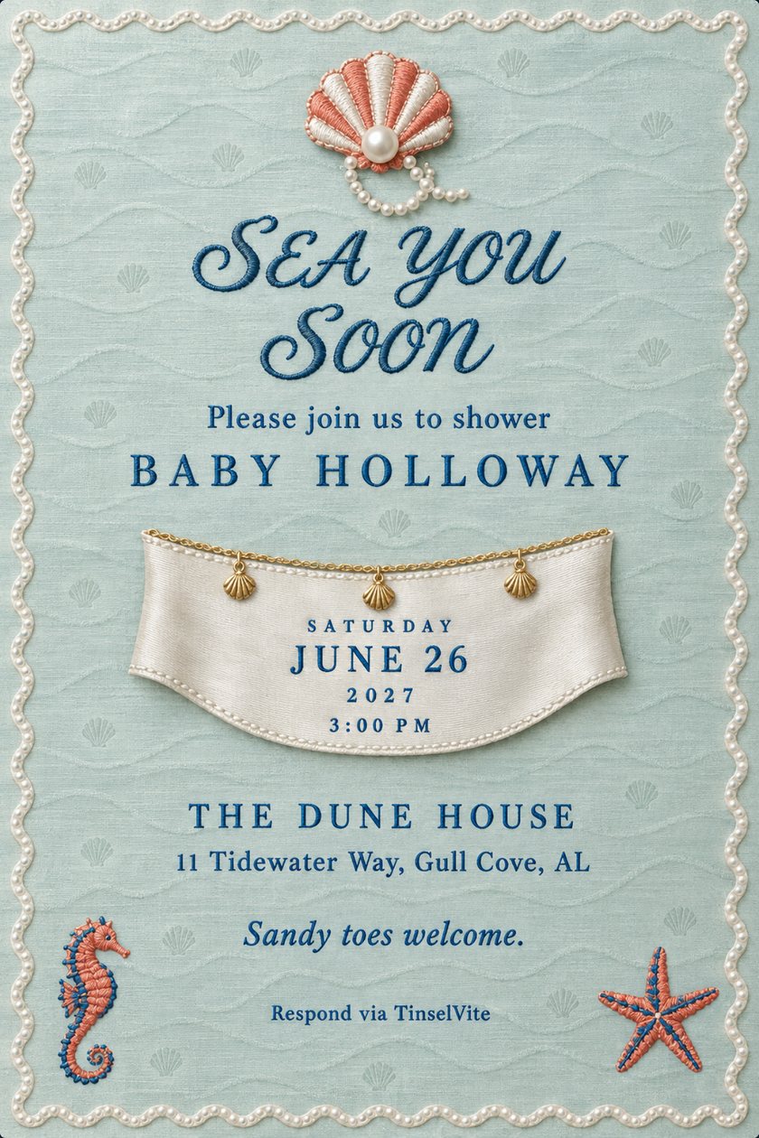Baby shower invitation: Seafoam card with a pearl border, a coral scallop shell, blue script SEA YOU SOON, BABY HOLLOWAY, a date banner with gold shell charms, and a seahorse and starfish.