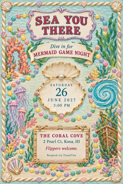 Majolica game night invitation with a glazed coral reef, jellyfish, a shipwreck and a bead path around a pearl oyster shell, titled Sea You There, with the date and venue below.