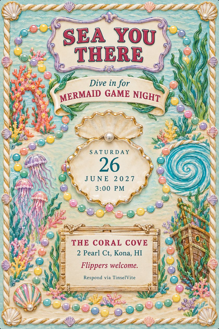 Majolica game night invitation with a glazed coral reef, jellyfish, a shipwreck and a bead path around a pearl oyster shell, titled Sea You There, with the date and venue below.