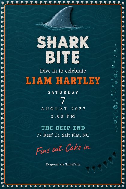 Teal card with a raised shark fin at the top, a border of white rubber teeth, bubbles rising at right and bite dents lower right. Large white letters read SHARK BITE, with the date and venue below.