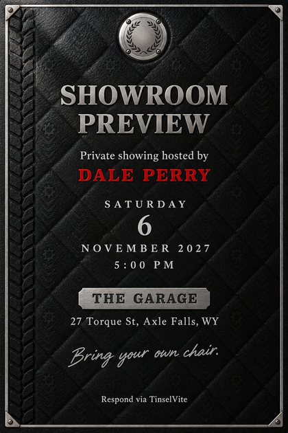 Black quilted leather card with a chrome laurel badge at top, chrome trim and a tire-tread strip down the left. Large silver SHOWROOM PREVIEW above a red host name, with the date and venue below.