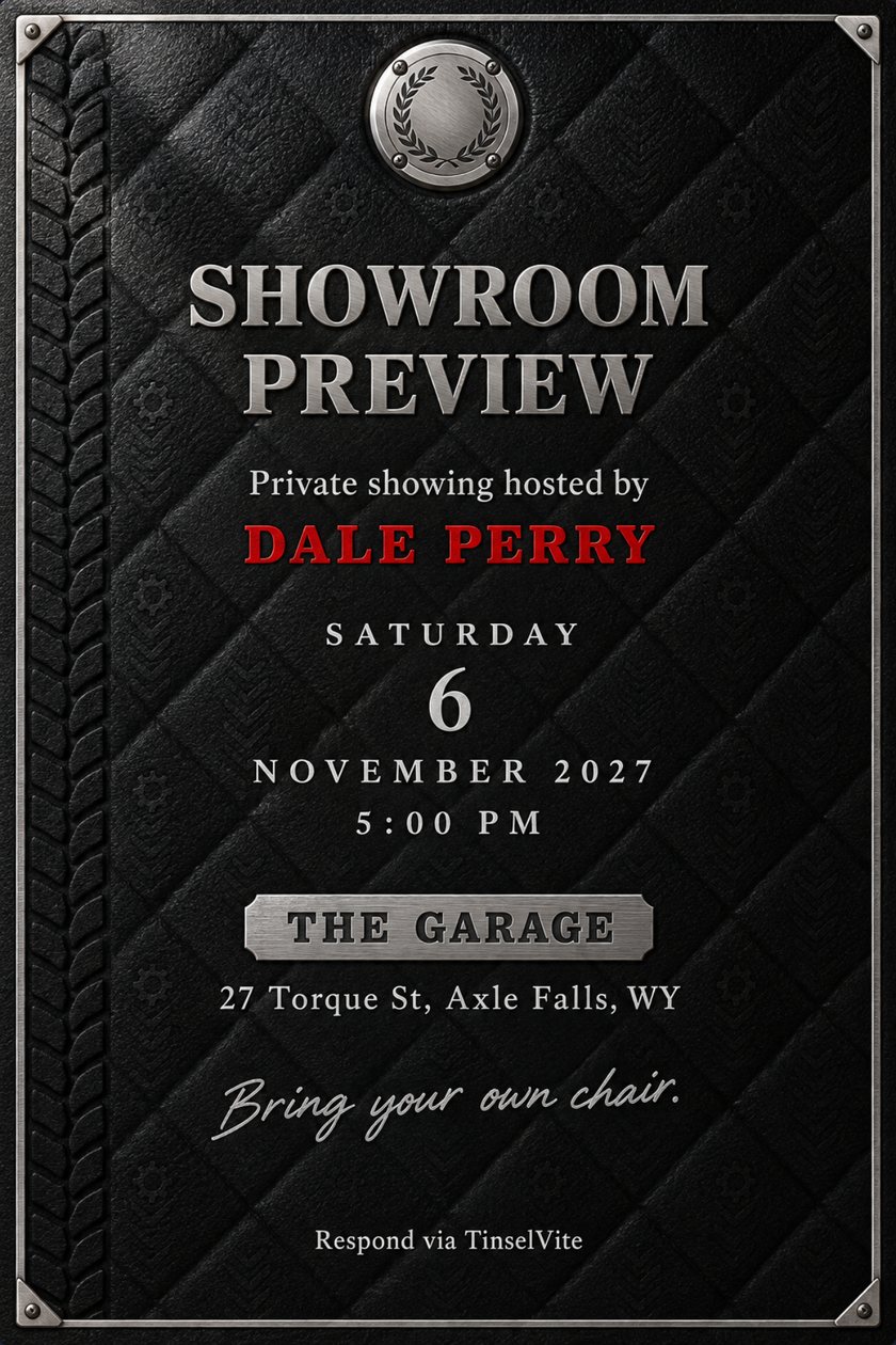 Dad's night out invitation: Black quilted leather card with a chrome laurel badge at top, chrome trim and a tire-tread strip down the left. Large silver SHOWROOM PREVIEW above a red host name, with the date and venue below.