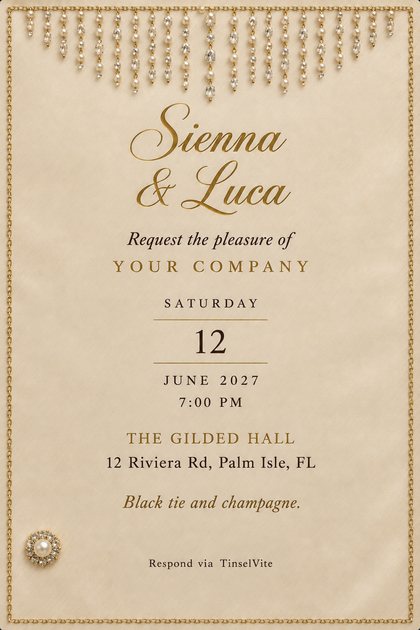 Champagne satin wedding invitation with a cascade of pearl and crystal strands across the top, a gold chain border, gold script names and the date and venue below.